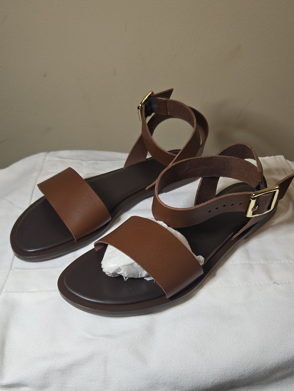 J. Crew Brown Leather Carsen Ankle-Strap Sandals with Gold Buckle